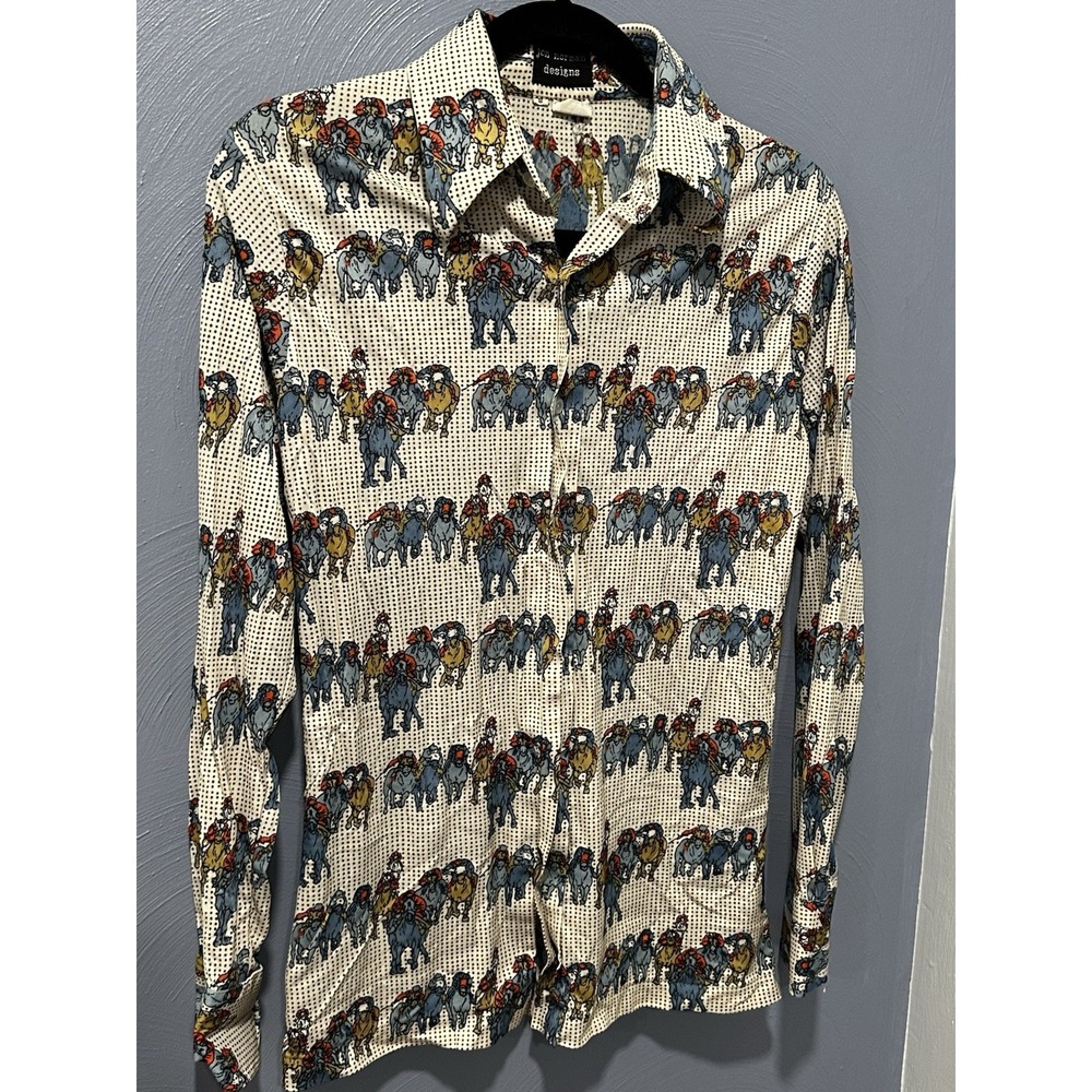 Rare! Vintage Mens Horse Race Print 70s Disco Collar Taiwan Equestrian Derby